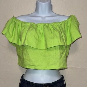 Lime Green Ruffle Off the Shoulder Crop Top